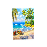 Island, beach, row boats, painting.